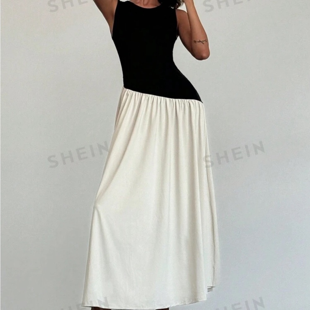 SHEIN Firerie Women's Sleeveless Ruched Waist Contrast Color Maxi Dress